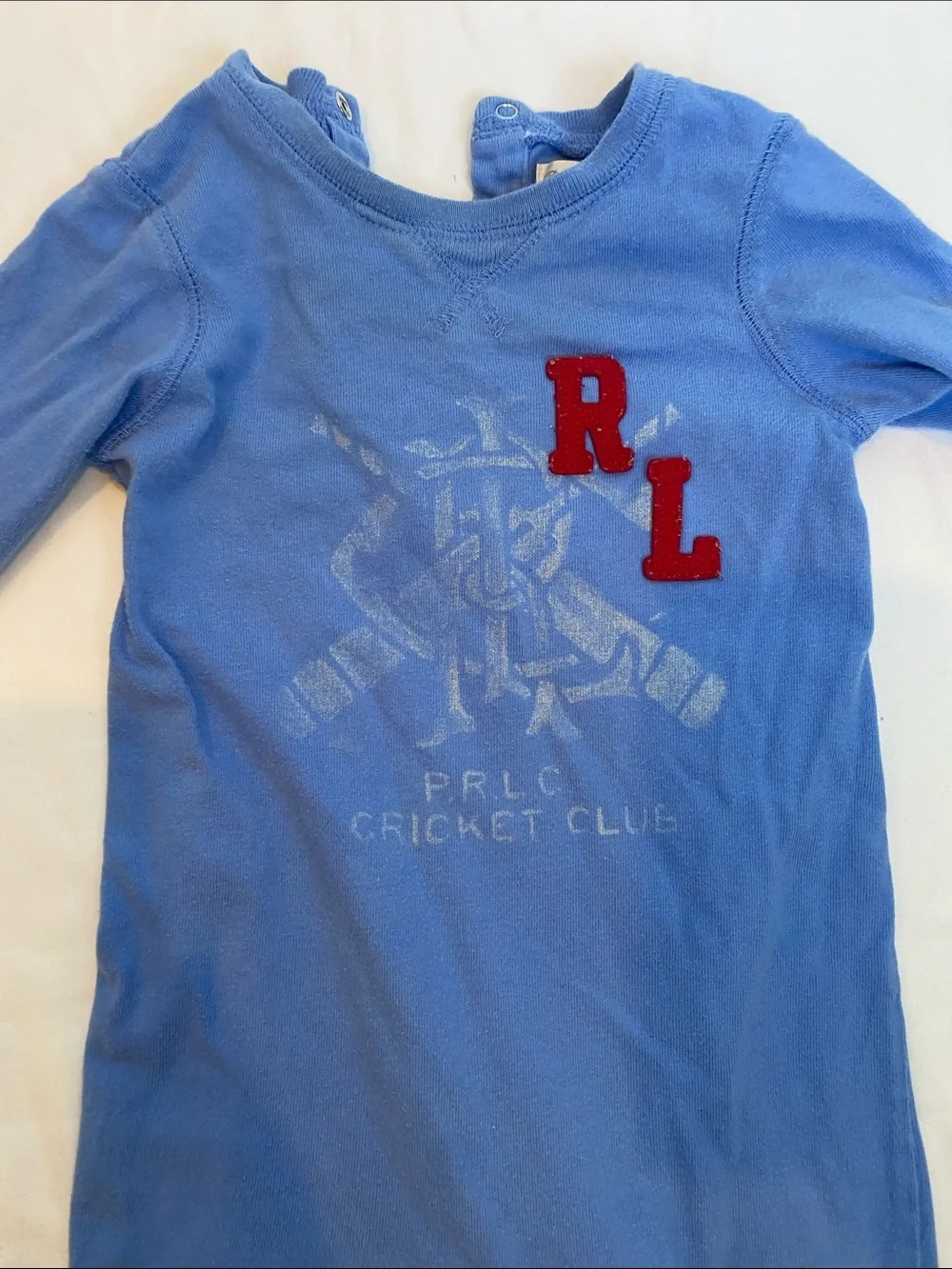 Ralph Lauren Light Blue Long-Sleeve Baby One-Piece with Red RL Patch